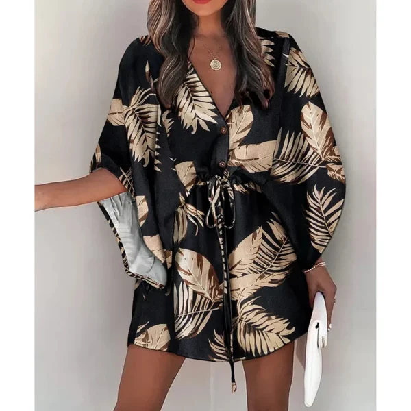 Holiday Casual Dresses Women Sexy V-neck Batwing Sleeve Lace-up Fashion Printed Half Sleeve Dress Summer Beach Loose Short Dress - Image 5