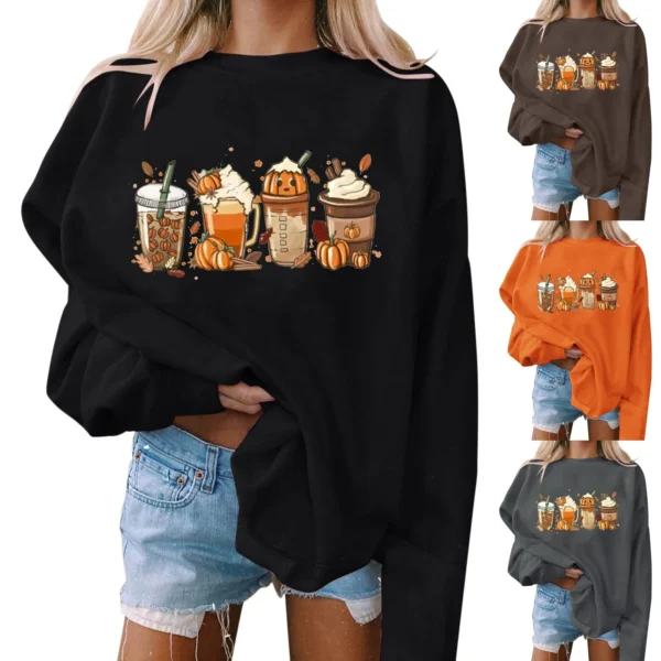 Women's Halloween Sweatshirt Colored Spooky Four Pumpkins Funny Autumn Women Long Sleeve Jumper Halloween Pullovers Top - Image 2