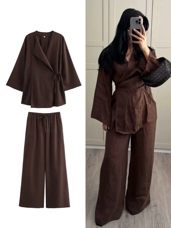 TRAF Fashion Linen 2 Pieces Women 2024 Spring Summer Kimono Style Loose Lace Up Shirts Tops Women's Wide Leg Pants Sets