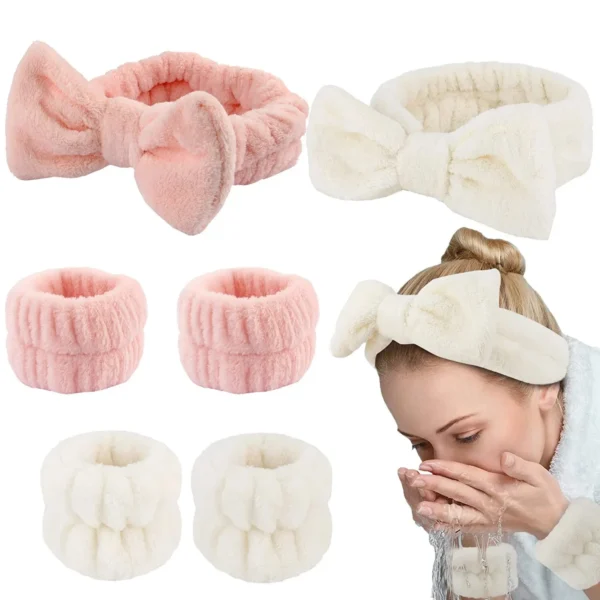 3Pcs Bow Headband Wristband Set Towel Elastic Soft