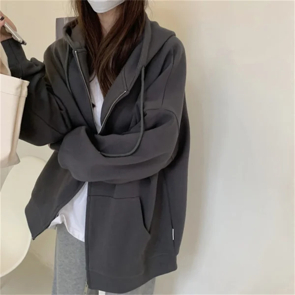 2024 Women's Spring Autumn Oversized Loose-fit Hooded Sweatshirt Jacket Harajuku Basic Long Sleeve Zip Up Casual Solid Outerwear