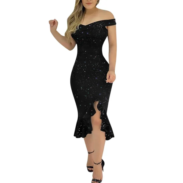 Women's Fashion Sexy Summer Off Shoulder Short Sleeve Sequin Ruffle Irregular Dresses Elegant Dresses For Women Woman Clothing - Image 3