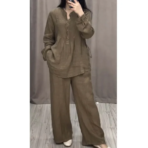 Autumn Fashion Cotton Linen Long Sleeve Half Open Shirt For Women's Suit Casual Pleated Elegant Female Wide Leg Pants 2piece Set