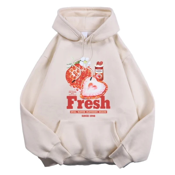 Trend Womens Hoodie Fresh Strawberry American Retro Creative Prints Sweatshirt Fleece Comfortable Pocket Pullover Cartoons Tops - Image 6