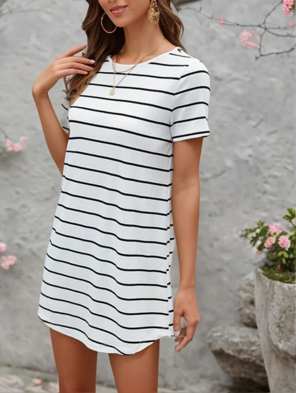 Women's Dresses Striped Button Back Curved Hem Tee Dress Dress for Women Striped Button Back Curved Hem Tee Dress - Image 3