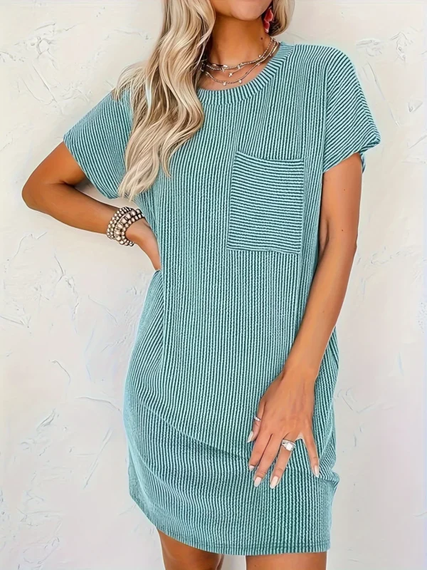 Womens Casual Dresses Round Neck Summer Mini Dress Short Sleeve T-shirt Mini Dress Fashion Solid Ribbed Tunic Dresses with Pocke