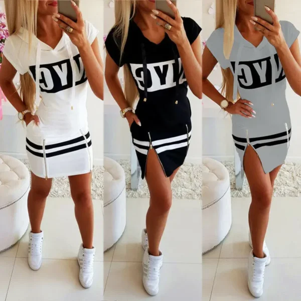 2022 Hooded Women Summer Dress Short Sleeve Letter Print Zipper Bandage Hoodies Lady Casual Sport Bodycon Vestidos Mini Dresses - Image 2