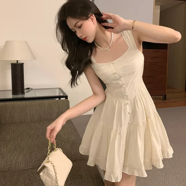 Women Beige Dress Sexy Sweet Elegant Backless Ruffle Edge Mini Skirt Fashion Square Collar Lady Pleated Short Dresses Summer - Image 2