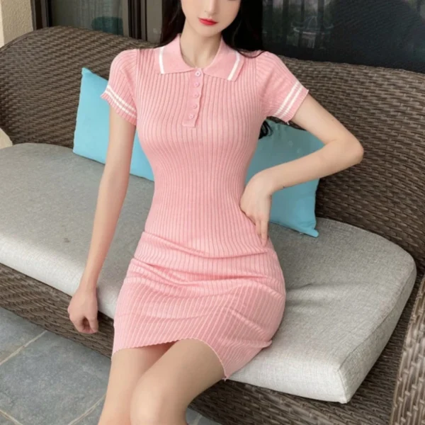 Preppy Style Summer Dresses For Women Turn-down Collar Solid Cotton Knitted Short-sleeved Button Versatile Sheath Mini Dresses - Image 5