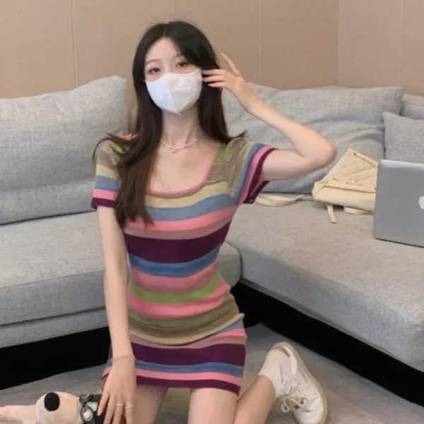 Pure Desire Colorful Striped Short Sleeve Knitted Dress Women's Summer Waist-fitted Korean Style Slimming Mini Dress - Image 3