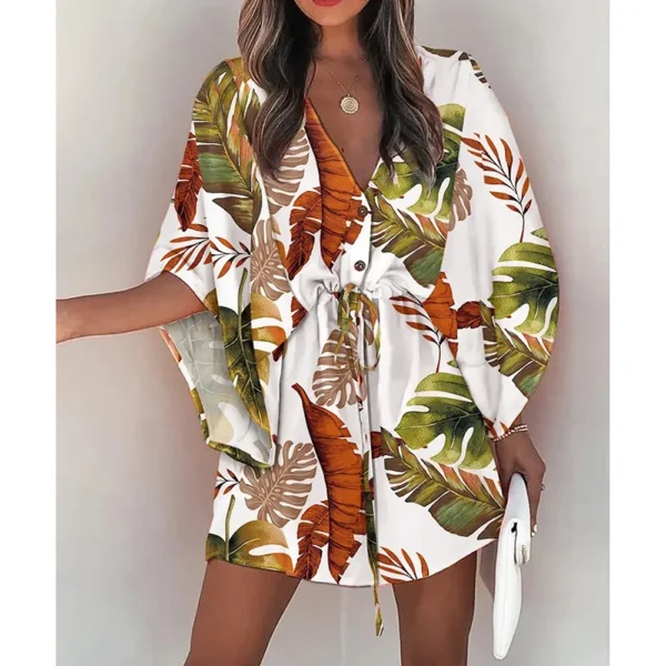 Holiday Casual Dresses Women Sexy V-neck Batwing Sleeve Lace-up Fashion Printed Half Sleeve Dress Summer Beach Loose Short Dress - Image 2