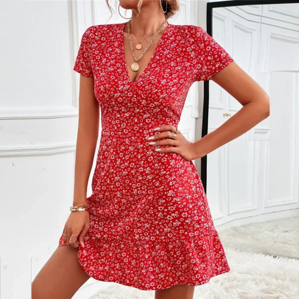 Women's Sexy Dresses Floral Print Deep V Neck Short Sleeve Fashion Casual Summer Mini Dress - Image 4