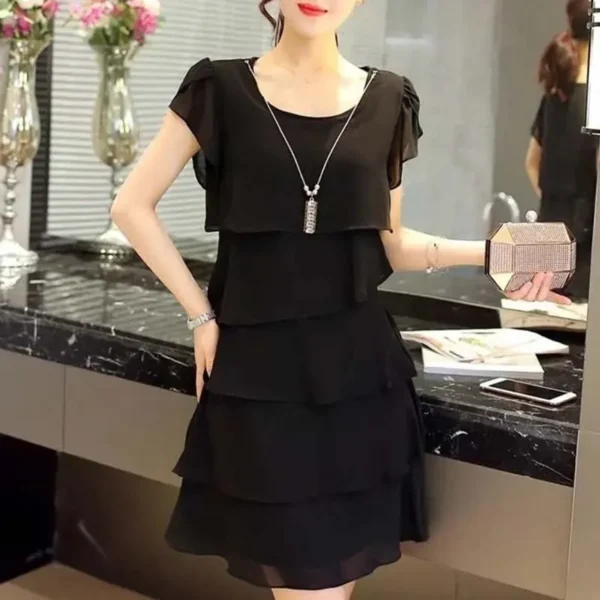 2024 Dress For Women Summer Wave Cut Ruffle Sweet Solid Short Sleeve Slim Dresses Lady Casual All-match Vestido O-Neck Chiffon - Image 3