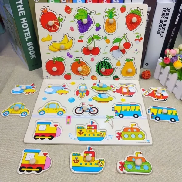 Montessori Wooden Puzzle Hand Grab Board for Kids Cartoon Animal Vehicle - Image 2