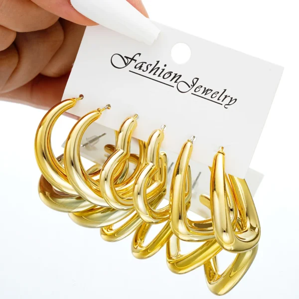 6pcs Chunky Gold Plated Waterdrop Hoop Earrings - Image 5