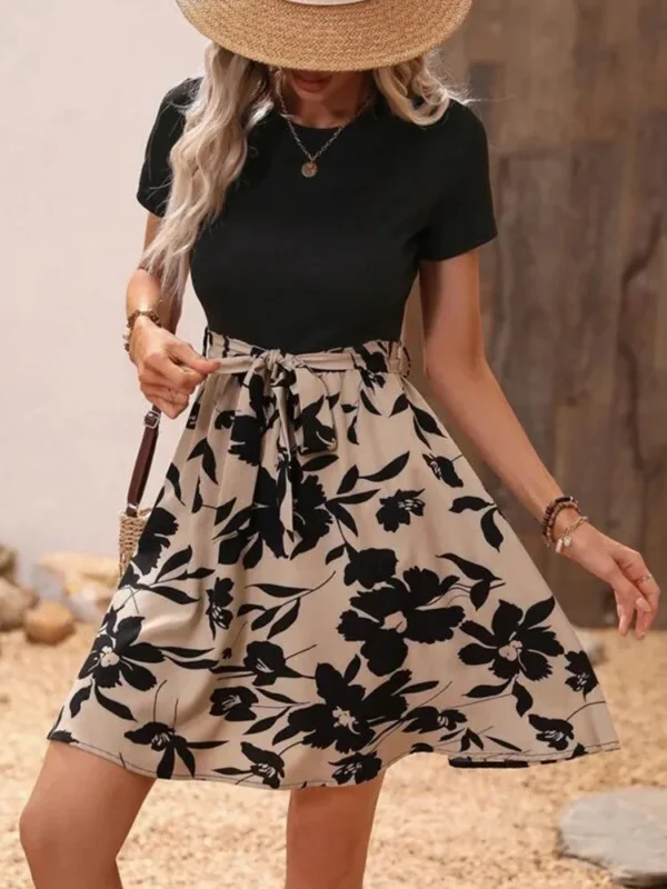 New Fashion Casual Summer Women's Round Neck A-line Flower Print Tie With Bow Holiday Style Waist Dress Short Sleeve - Image 5