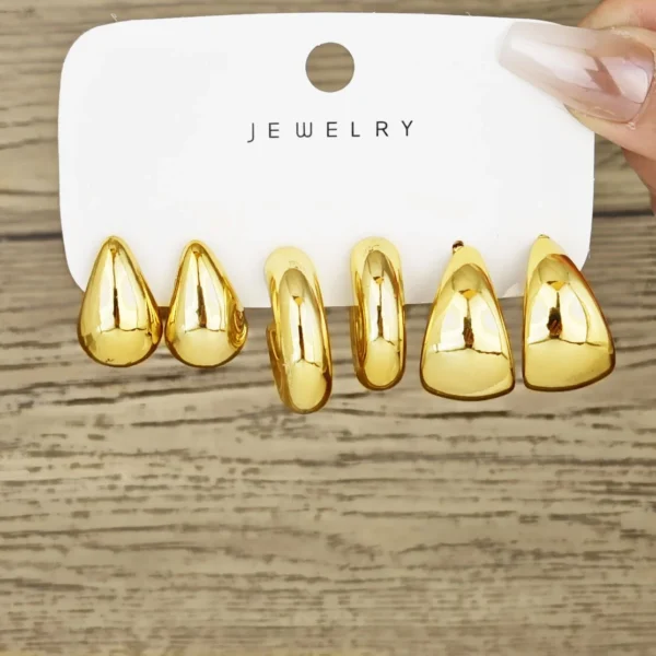 6pcs Chunky Gold Plated Waterdrop Hoop Earrings - Image 3