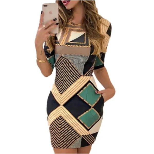 Womens Dresses 2024 Summer Fashion Geometry Print Pocket Design Casual Round Neck Short Sleeve Slim Fit Daily Mini Dress - Image 5