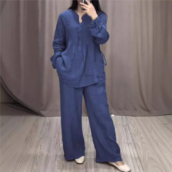 Autumn Fashion Cotton Linen Long Sleeve Half Open Shirt For Women's Suit Casual Pleated Elegant Female Wide Leg Pants 2piece Set - Image 5