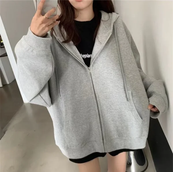 2024 Women's Spring Autumn Oversized Loose-fit Hooded Sweatshirt Jacket Harajuku Basic Long Sleeve Zip Up Casual Solid Outerwear - Image 5