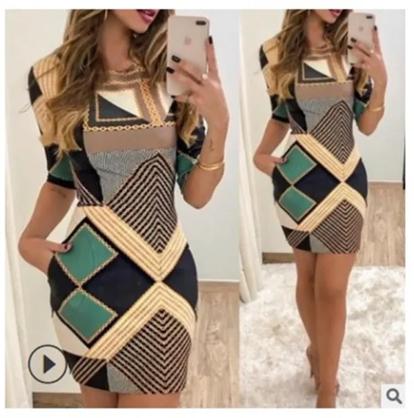 Womens Dresses 2024 Summer Fashion Geometry Print Pocket Design Casual Round Neck Short Sleeve Slim Fit Daily Mini Dress - Image 4