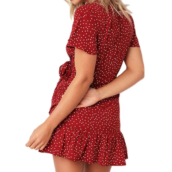 Women Sexy Dress Deep V-Neck Short Sleeve Floral Print Mini Ruffle Wrap Dress with Self tie at Waist - Image 3