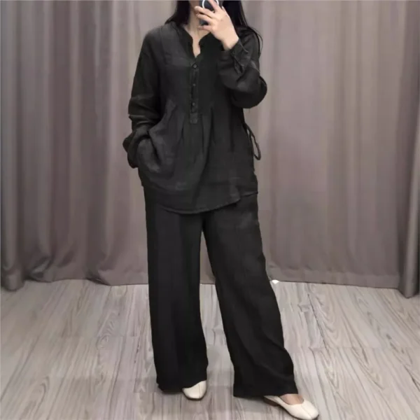 Autumn Fashion Cotton Linen Long Sleeve Half Open Shirt For Women's Suit Casual Pleated Elegant Female Wide Leg Pants 2piece Set - Image 3