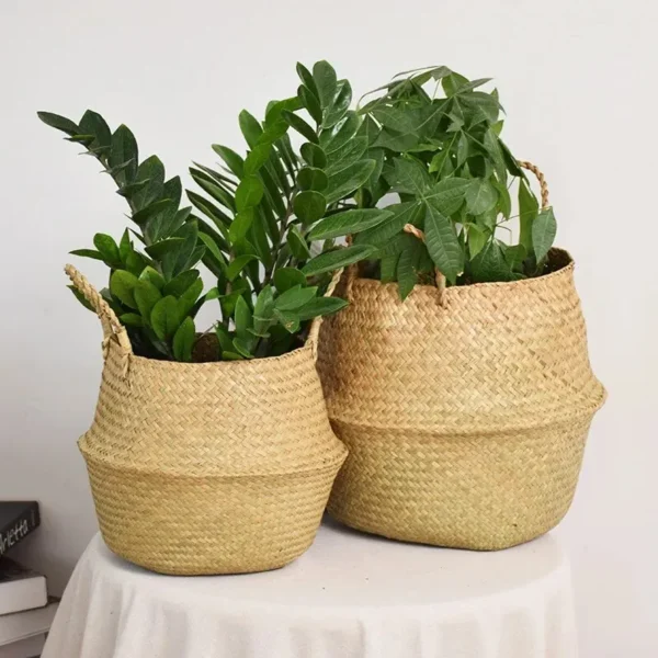 Wicker Basket Toy Organizer Folding Rattan Seagrass Storage Basket Laundry Woven Basket Plant Flower Pot For Home Garden - Image 4