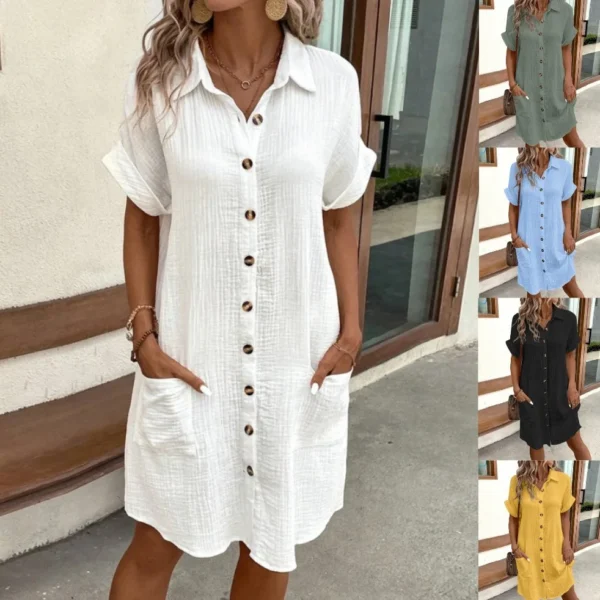 Sexy Button Loose Blouse Dress Summer Female Turn Down Collar Breasted Button Short Sleeve Pocket Beachwear Dresses SZE-ST24056