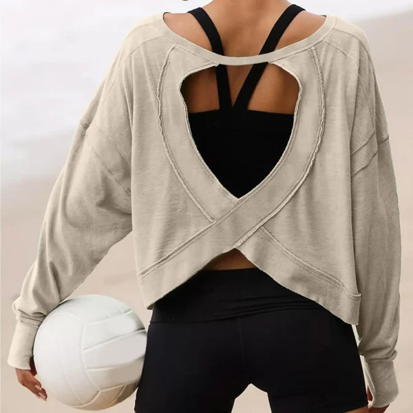 Women's Loose Long-sleeved T-shirt Women's Blouse Age-reducing Hollow Short Round Neck Women's Sports - Image 2