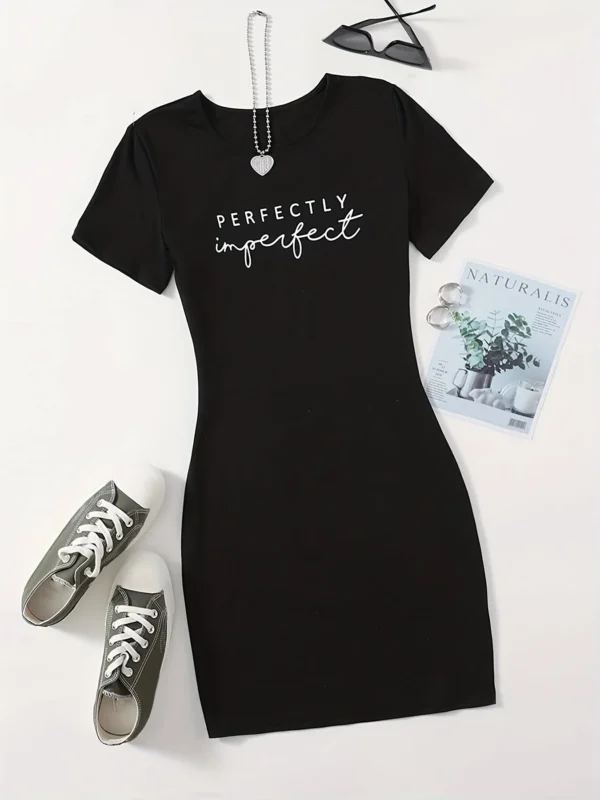 Summer Women's PERFECTLY Print Casual Slim Fit Short Sleeve Round Neck T-shirt Mini Dress