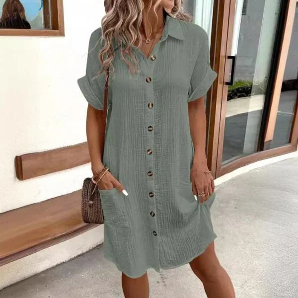 Sexy Button Loose Blouse Dress Summer Female Turn Down Collar Breasted Button Short Sleeve Pocket Beachwear Dresses SZE-ST24056 - Image 3