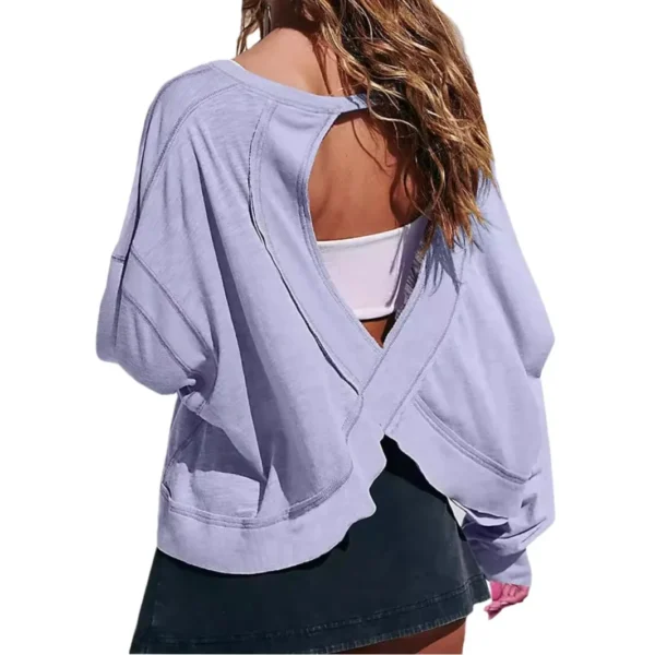 Women's Loose Long-sleeved T-shirt Women's Blouse Age-reducing Hollow Short Round Neck Women's Sports - Image 4