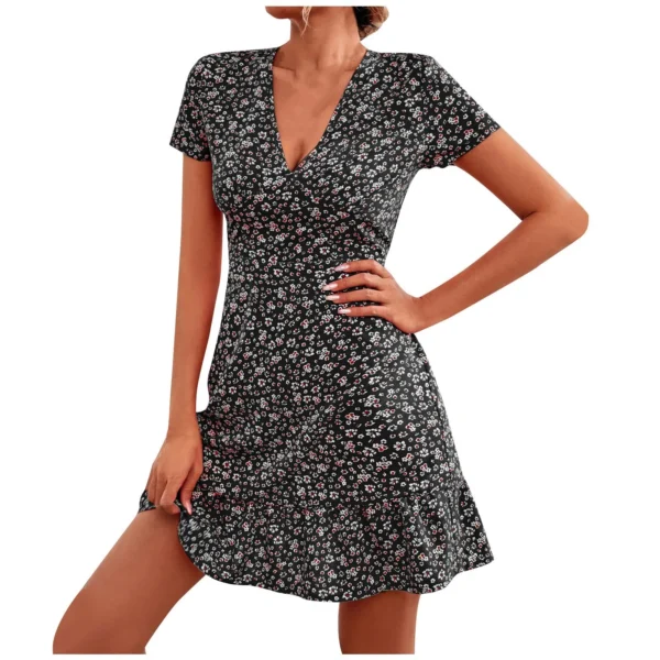 Women's Summer Sexy V-neck Floral Print Dress Casual Short Skirt - Image 2