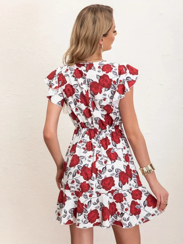 Summer Elegant Ruffle Dress for Women Fashion New Flower Print Flying Sleeve Short Dresses Ladies - Image 2