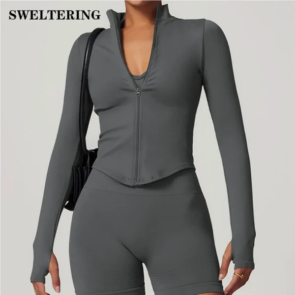 Zipper Jacket Women Crop Tops Yoga T-shirts Solid Sports Top Long Sleeve Running Shirts Sexy Quick Dry Fitness Gym Sport Wear