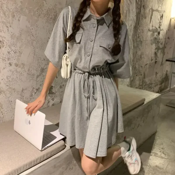 Summer New Polo Collar Drawstring Waist-fitted 2-300lbs Loose-fit Slimming Short Sleeve Age-reducing Dress - Image 2