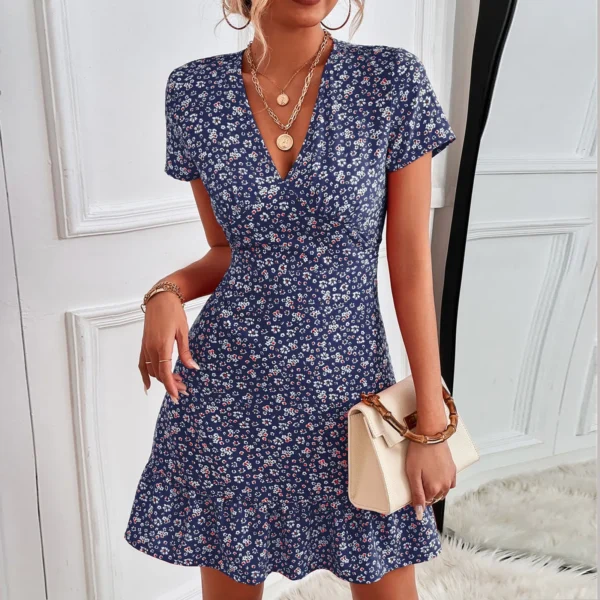 Women's Summer Sexy V-neck Floral Print Dress Casual Short Skirt - Image 3