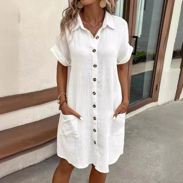 Sexy Button Loose Blouse Dress Summer Female Turn Down Collar Breasted Button Short Sleeve Pocket Beachwear Dresses SZE-ST24056 - Image 2