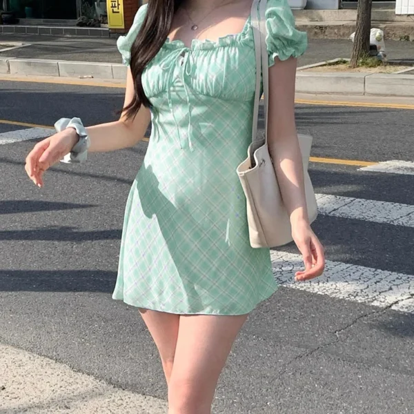 Women Sexy Dresses New Summer Streetwear Green Fashion Print Plaid Short Sleeve Mini Dress Club Party Female Elegant Tank Dress