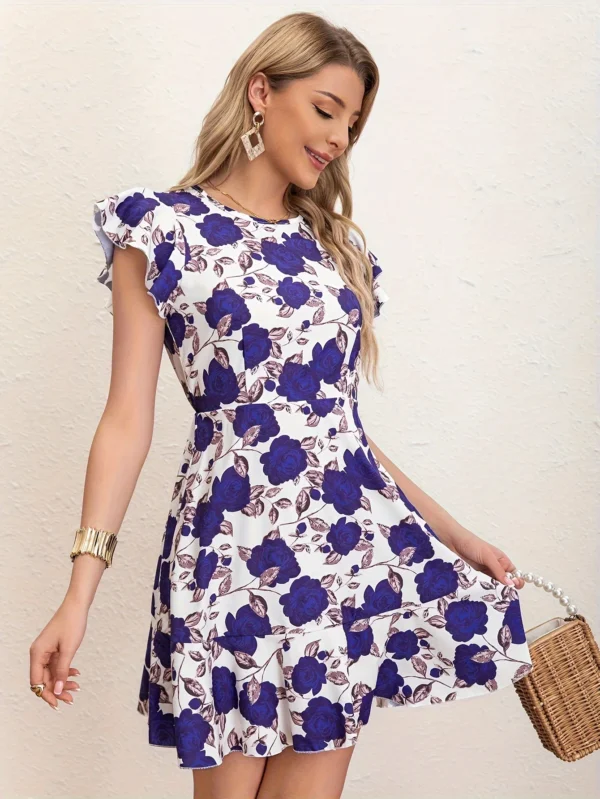 Summer Elegant Ruffle Dress for Women Fashion New Flower Print Flying Sleeve Short Dresses Ladies - Image 4