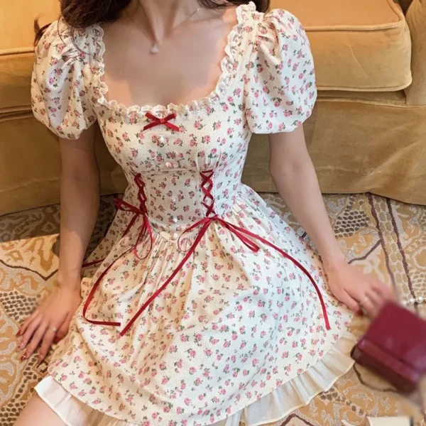 Summer Floral Printing Women's Puff Sleeve Cute Bow Tie Lace Ruffle Dress Sweety's Short Princess Dress Soft Cotton Breathable