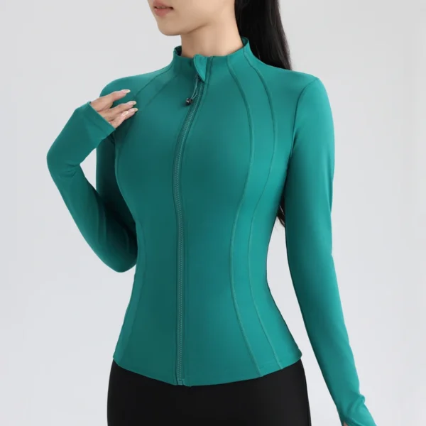 Gym Women's Full Zip Yoga Top With Thumbholes Fitness Running Jacket Stretch Fit Long Sleeve Round Neck Top Sportswear - Image 2