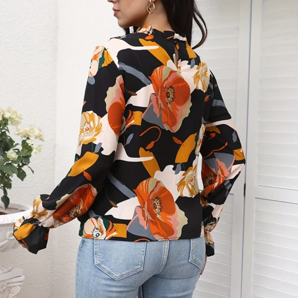 2024 Women's shirt fashion flower print design shirt new long sleeve 100 round neck casual flared cuff breathable fiber material - Image 2