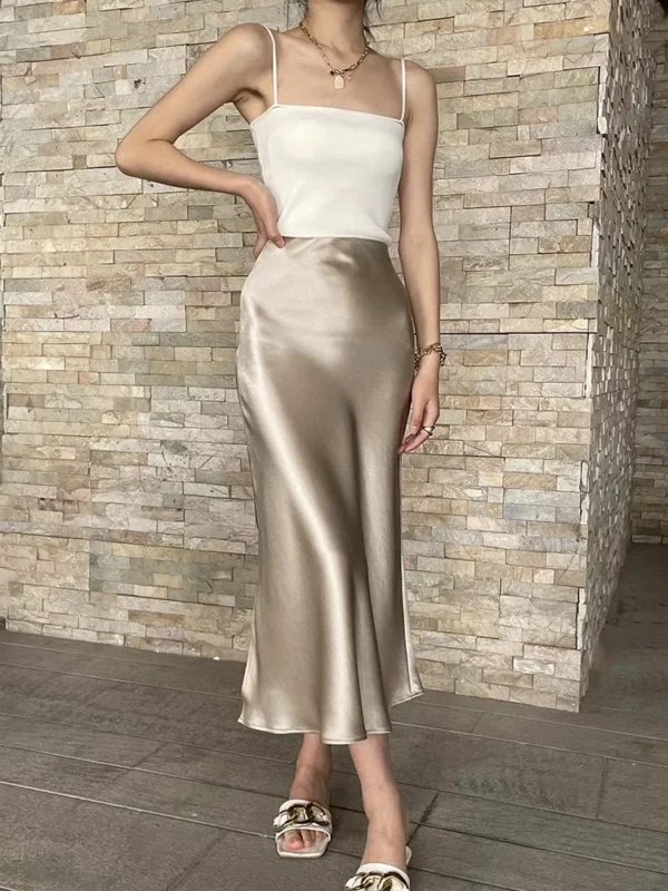 Silk Satin Skirts for Women Korean Style Champagne Office High Waist A-line Skirt Fashion Elegant Solid Long Pencil Skirt 2024 - Image 4