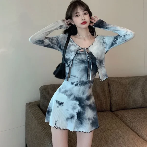 Autumn Tie-dye Design Sense Tube Top Dress Women Fashion Cardigan Top Two-piece Suit - Image 2