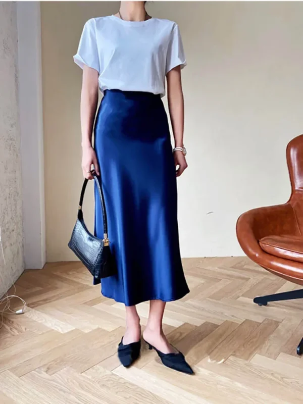 Silk Satin Skirts for Women Korean Style Champagne Office High Waist A-line Skirt Fashion Elegant Solid Long Pencil Skirt 2024 - Image 3