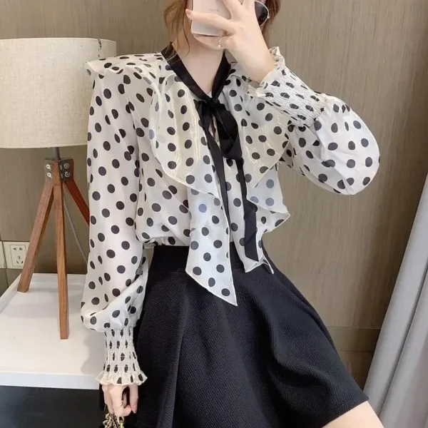 Design Sensibility Chiffon Blouse Ribbon Bow Lantern Sleeves Stylish Vintage Polka Dot Niche Shirt Women's Autumn Collection - Image 2