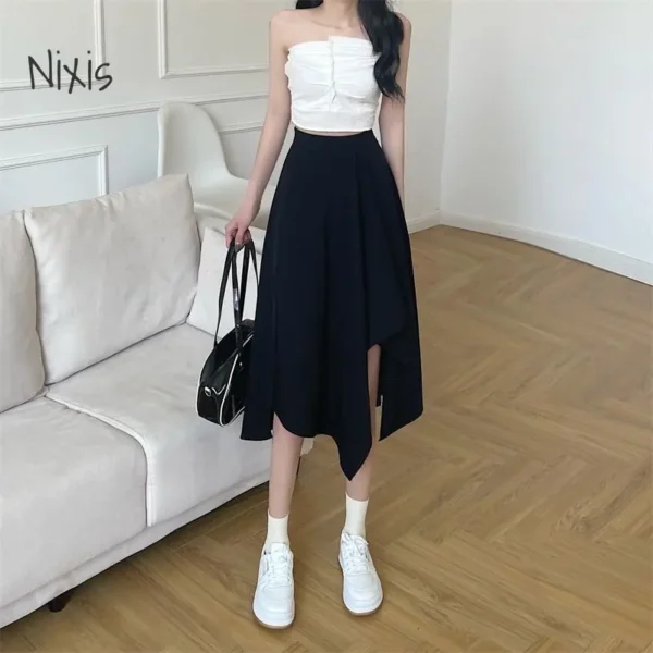 Black Irregular Skirt Women Spring Summer High Waist Thin Mid-length Umbrella Skirts Plus Size Bottoms Vintage Y2k Clothes