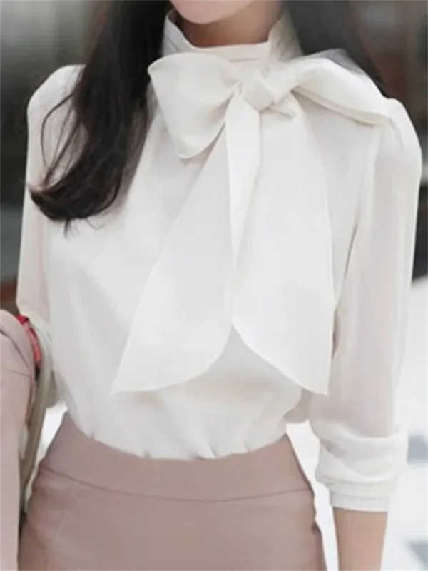 Women Spring Summer Style Chiffon Blouses Shirts Lady Casaul Long Sleeve White Black Bow Tie Collar Blusas Tops - Image 3